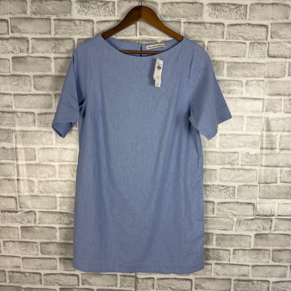 Abercrombie & Fitch Blue Linen Blend Short Sleeve Shift Dress W/ Pockets MEDIUM
